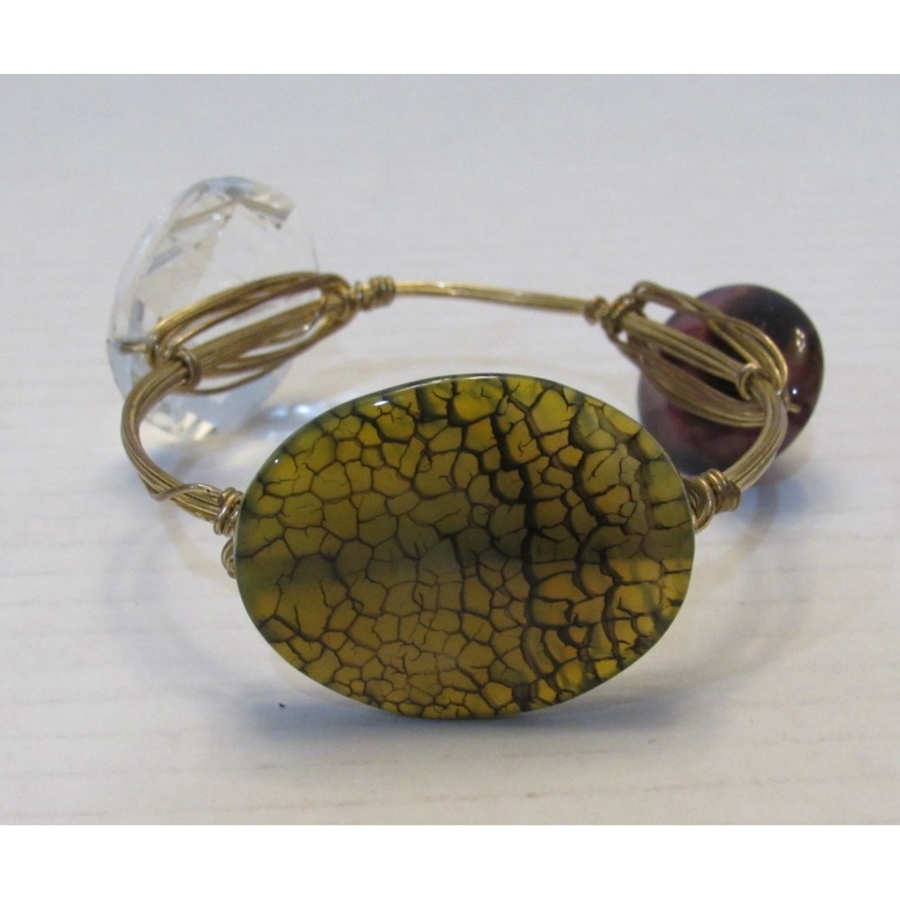 Handmade Gold Tone Wire Wrapped Natural Stone ? Bead Cuff Bracelet Bangle Boho